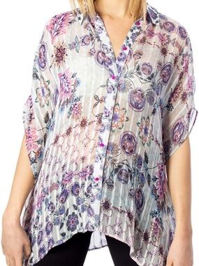 Desigual Floral Sheer Button-Down Blouse in Purple, Pink and White